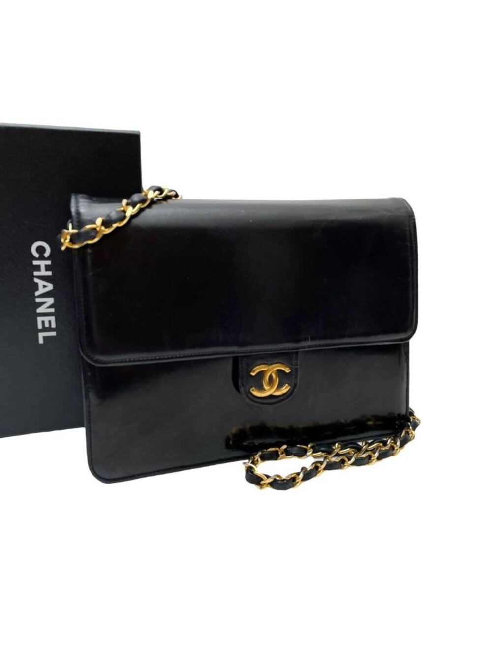 Chanel Enamel Leather Chain Shoulder Bag CC Logo Black